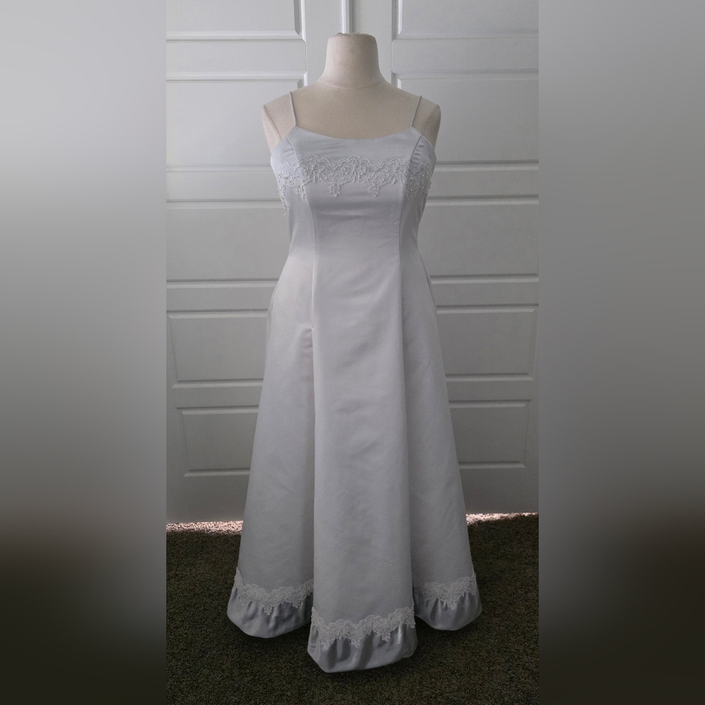 White Satin Ballgown Wedding Dress With Lace Trim